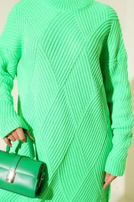 Çizgi Baklava Desen Triko Tunik Fıstık Yeşili - Tunik