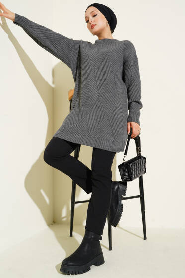 Çizgi Baklava Desen Triko Tunik Füme - Tunik