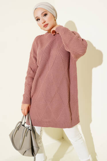 Çizgi Baklava Desen Triko Tunik Gül Kurusu - Tunik