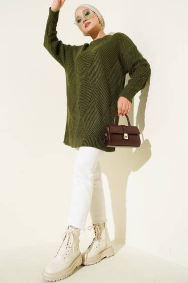 Çizgi Baklava Desen Triko Tunik Haki - Tunik