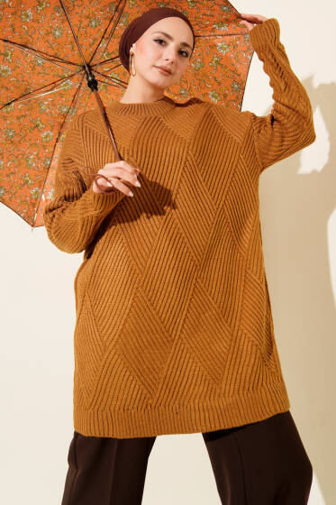 Çizgi Baklava Desen Triko Tunik Hardal - Günün Seçilenleri