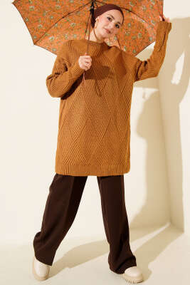 Çizgi Baklava Desen Triko Tunik Hardal - Günün Seçilenleri