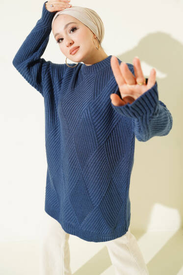Çizgi Baklava Desen Triko Tunik İndigo - Tunik