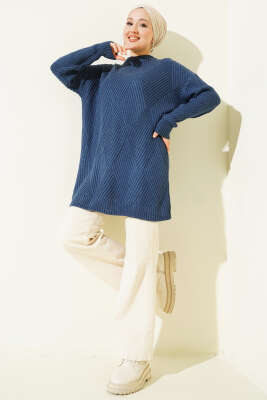 Çizgi Baklava Desen Triko Tunik İndigo - Tunik