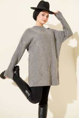 Çizgi Baklava Desen Triko Tunik Kayrak Grisi 