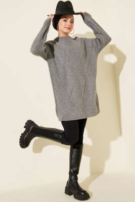 Çizgi Baklava Desen Triko Tunik Kayrak Grisi - Günün Seçilenleri