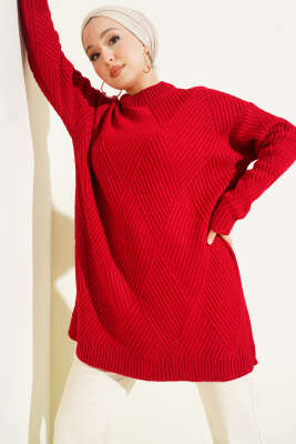 Çizgi Baklava Desen Triko Tunik Kırmızı - Tunik