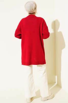 Çizgi Baklava Desen Triko Tunik Kırmızı - Tunik