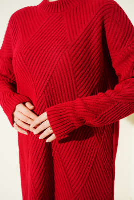 Çizgi Baklava Desen Triko Tunik Kırmızı - Tunik