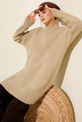 Çizgi Baklava Desen Triko Tunik Kum Bej 