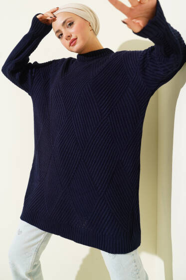 Çizgi Baklava Desen Triko Tunik Lacivert - Tunik