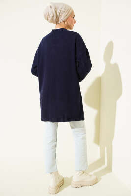 Çizgi Baklava Desen Triko Tunik Lacivert - Tunik