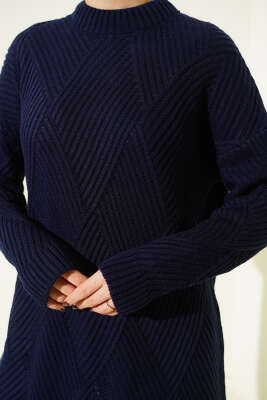 Çizgi Baklava Desen Triko Tunik Lacivert - Tunik