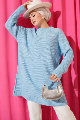 Çizgi Baklava Desen Triko Tunik Mavi 