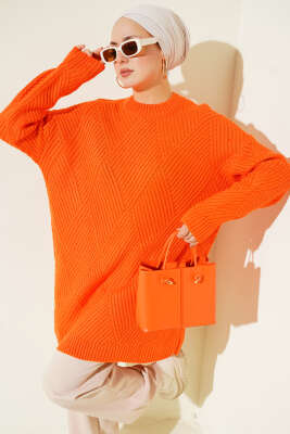 Çizgi Baklava Desen Triko Tunik Oranj 