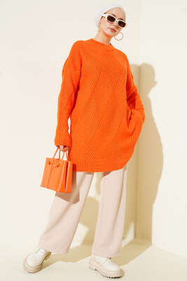 Çizgi Baklava Desen Triko Tunik Oranj - Tunik