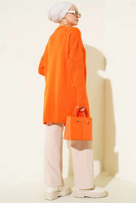 Çizgi Baklava Desen Triko Tunik Oranj - Tunik