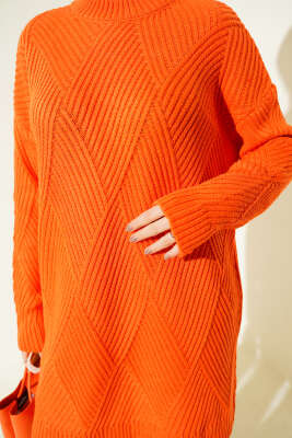 Çizgi Baklava Desen Triko Tunik Oranj - Tunik