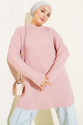 Çizgi Baklava Desen Triko Tunik Pudra - RAFİMİX