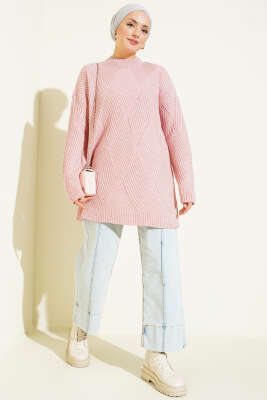 Çizgi Baklava Desen Triko Tunik Pudra - Tunik