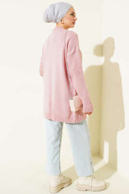 Çizgi Baklava Desen Triko Tunik Pudra - Tunik