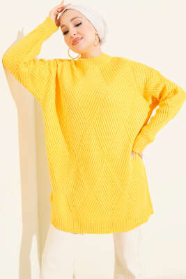 Çizgi Baklava Desen Triko Tunik Sarı 