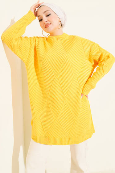 Çizgi Baklava Desen Triko Tunik Sarı - Triko Elbise