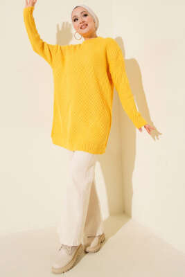 Çizgi Baklava Desen Triko Tunik Sarı - Triko Elbise