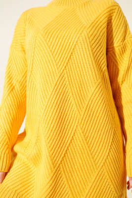 Çizgi Baklava Desen Triko Tunik Sarı - Triko Elbise