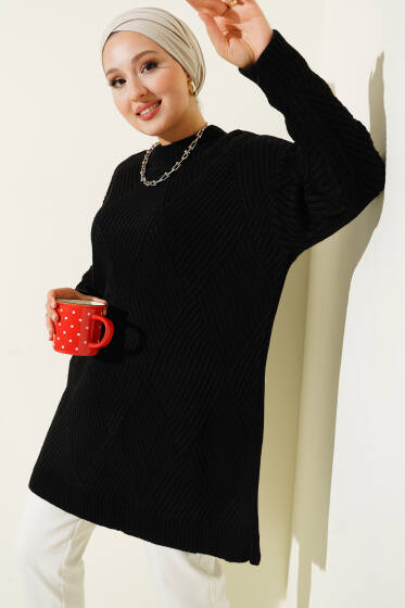 Çizgi Baklava Desen Triko Tunik Siyah - Tunik