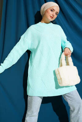 Çizgi Baklava Desen Triko Tunik Su Yeşili - RAFİMİX