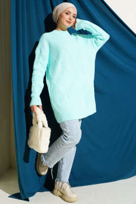 Çizgi Baklava Desen Triko Tunik Su Yeşili - Tunik