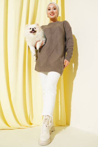 Çizgi Baklava Desen Triko Tunik Vizon - Tunik