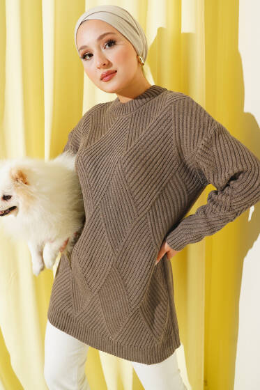 Çizgi Baklava Desen Triko Tunik Vizon - Tunik