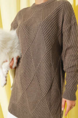 Çizgi Baklava Desen Triko Tunik Vizon - Tunik