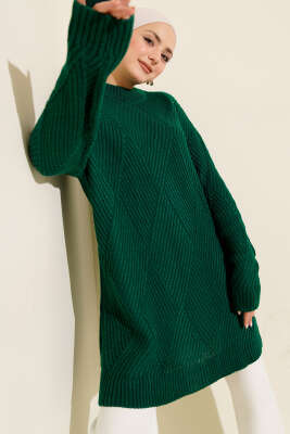 Çizgi Baklava Desen Triko Tunik Yeşil - RAFİMİX