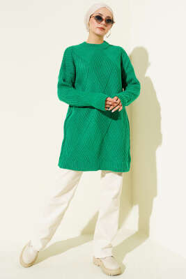 Çizgi Baklava Desen Triko Tunik Zümrüt - Tunik