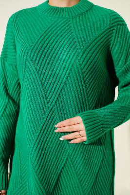 Çizgi Baklava Desen Triko Tunik Zümrüt - Tunik