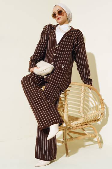 Çizgi Ceketli Triko İkili Takım Kahve - Triko