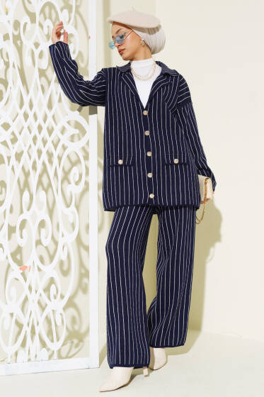 Çizgi Ceketli Triko İkili Takım Lacivert - Triko