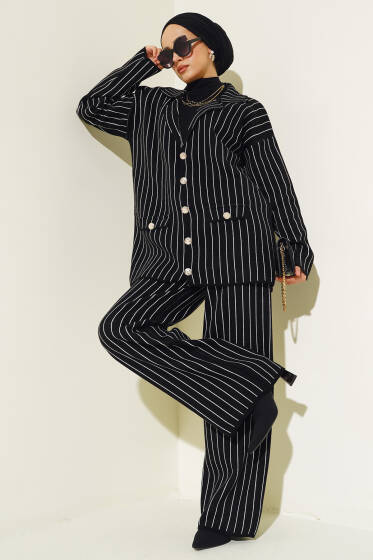 Çizgi Ceketli Triko İkili Takım Siyah - Triko
