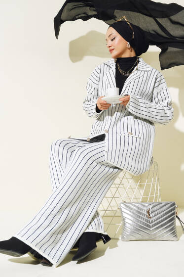 Çizgi Ceketli Triko İkili Takım Taş - Triko