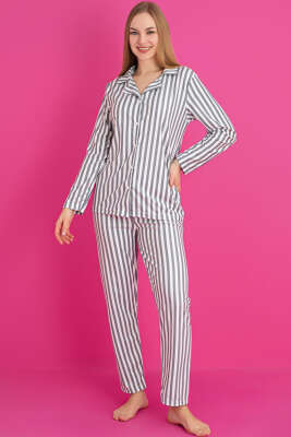 Çizgi Desen Düğmeli Süet Pijama Takım Gri - Pijama