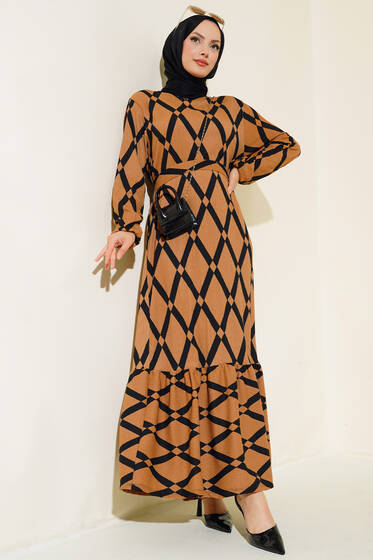 Çizgi Desen Kuşaklı Bürümcük Elbise Camel - Elbise