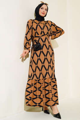 Çizgi Desen Kuşaklı Bürümcük Elbise Camel - NEVA MODA