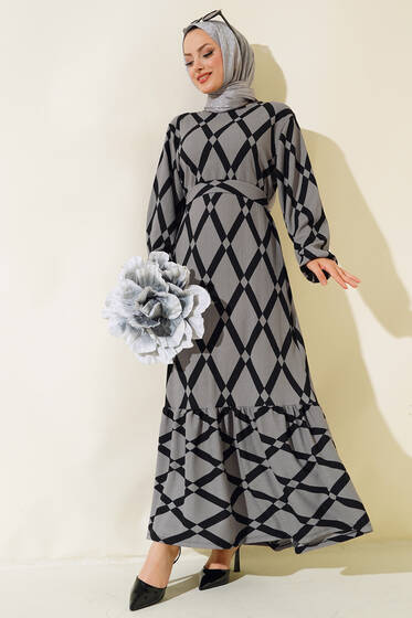 Çizgi Desen Kuşaklı Bürümcük Elbise Gri - Elbise