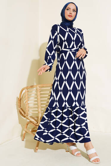 Çizgi Desen Kuşaklı Bürümcük Elbise Lacivert - Elbise