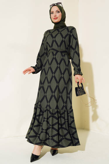 Çizgi Desen Kuşaklı Bürümcük Elbise Yeşil - Elbise