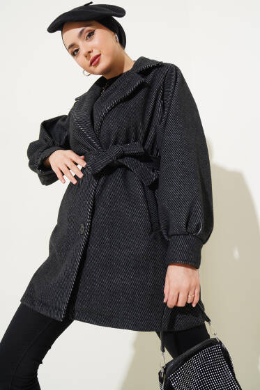 Çizgi Desen Kuşaklı Kaşe Kaban Antrasit - Kaban