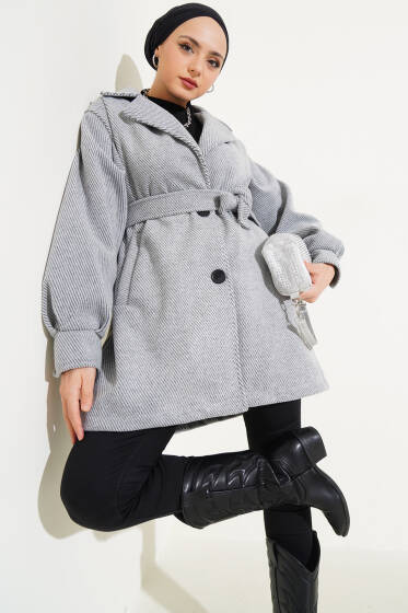 Çizgi Desen Kuşaklı Kaşe Kaban Gri - Kaban